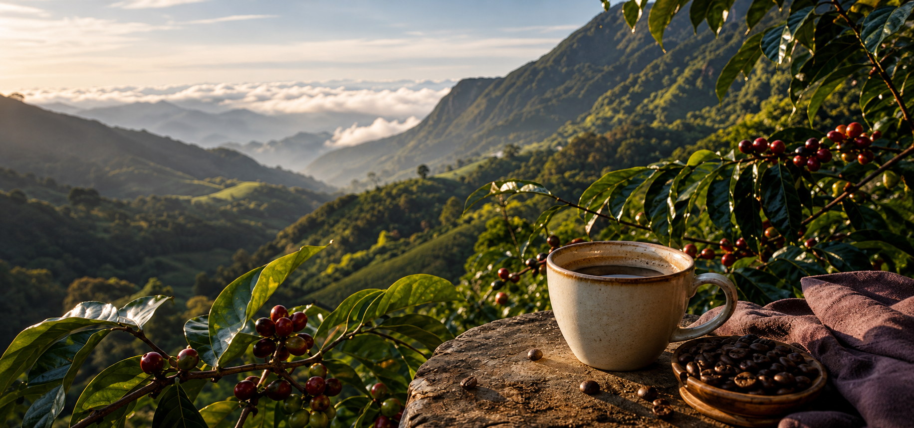 Taza de café Valterra frente a un paisaje cafetero de montaña