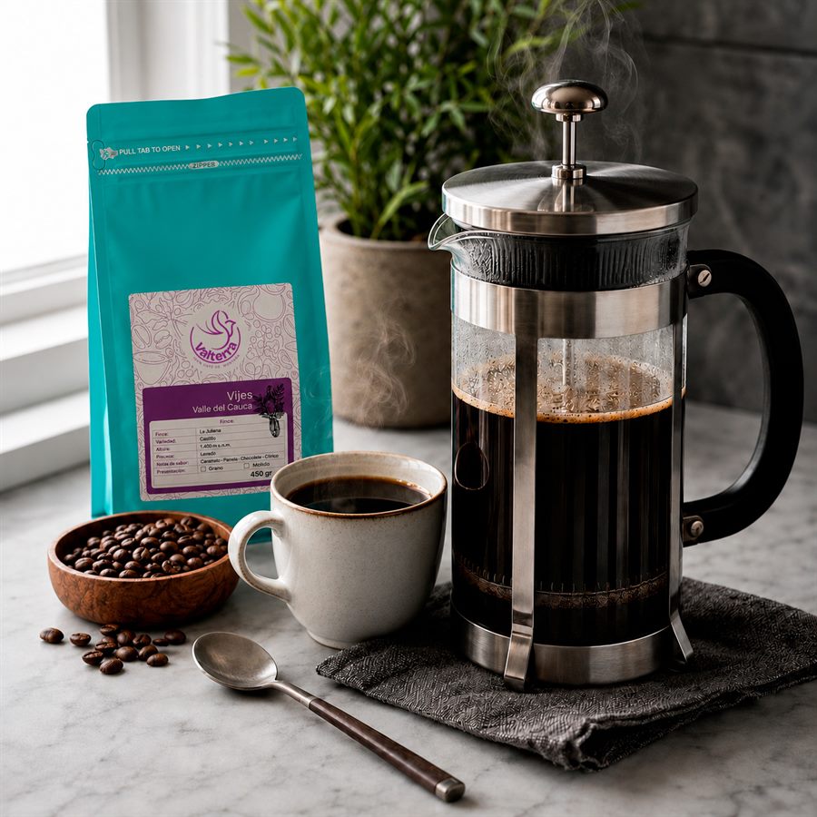 Preparación de café Valterra en prensa francesa